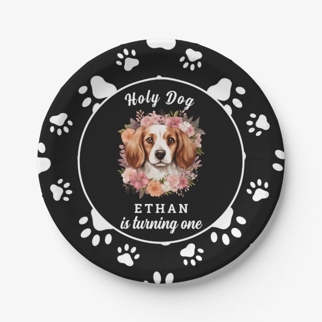 Holy Dog, I'm One | Dog Girl 1st Birthday Paper Plates (Front)