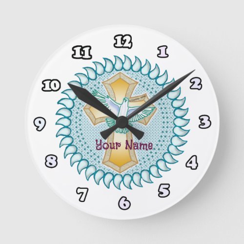 Holy Dove Cross custom name Round Clock