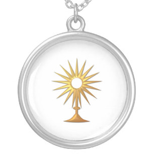 Holy Eucharist in golden Monstrance Silver Plated Necklace