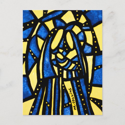 Holy Family AbstractNativity Christmas Blue Yellow Holiday Postcard