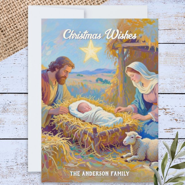 Holy Family Baby in Manger Nativity Art Christmas Holiday Card (A rustic personalized Christmas card with nativity scene)