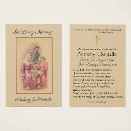 Holy Family Funeral Sympathy Prayer Holy Card