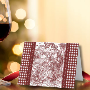 Holy Family in Burgundy Toile Gingham Christmas Letterpress Thank You Card