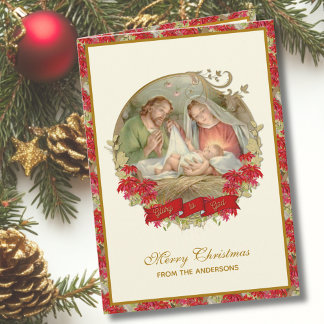 Holy Family Nativity Christmas Poinsettia Holiday Card