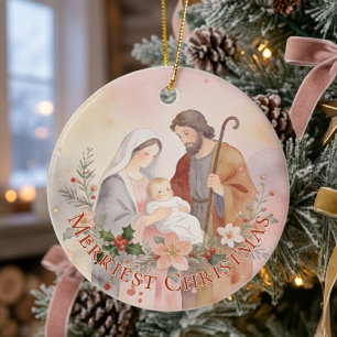 Holy Family Pink Pastel Watercolor Christmas TMF26 Ceramic Ornament