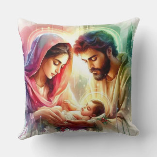 Holy Family Radiance: A Nativity Blessing Throw Pillow