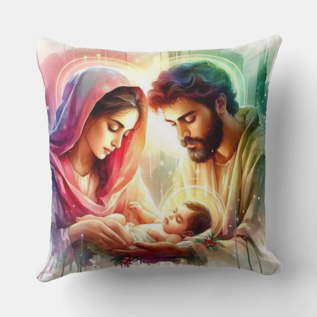 Holy Family Radiance: A Nativity Blessing Throw Pillow (Back)