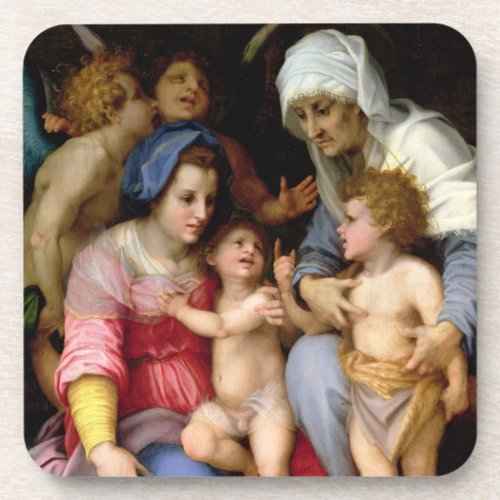 Holy Family with Angels c1515_16 oil on panel Beverage Coaster