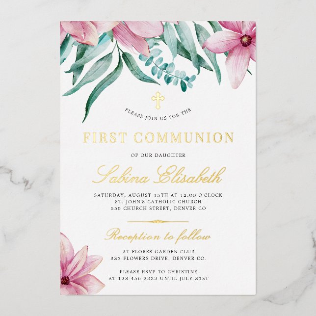 Holy first communion floral pink elegant gold foil invitation (Front)