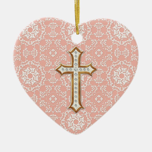 Holy First Communion Gold Golden Cross Lace Girl Ceramic Ornament (Front)