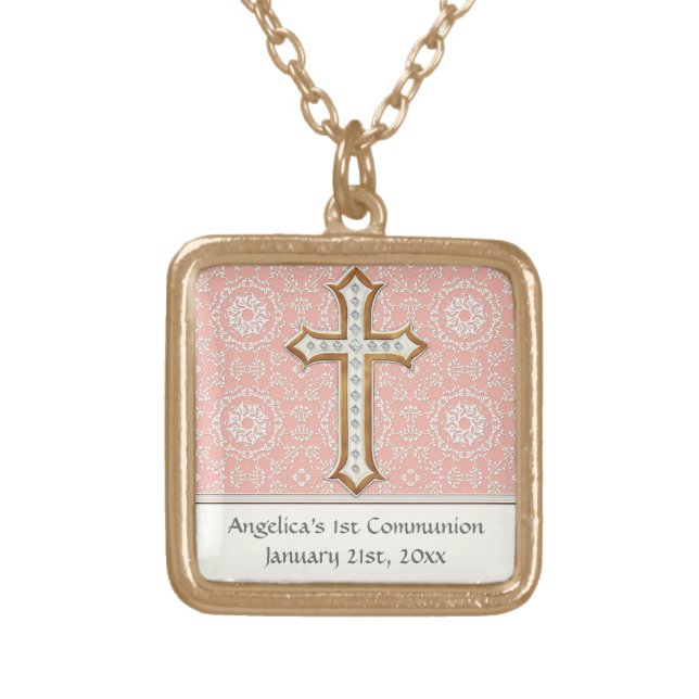 Holy First Communion Gold Golden Cross Lace Girl Gold Plated Necklace (Front)