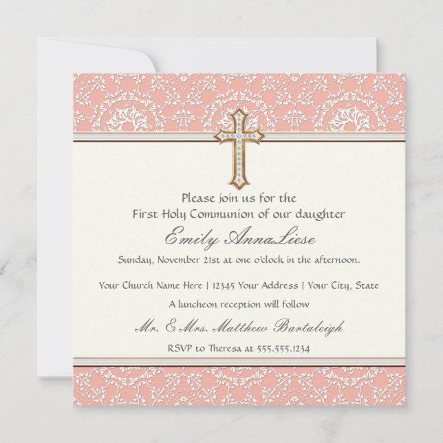 Holy First Communion Gold Golden Cross Lace Girl Invitation (Front)