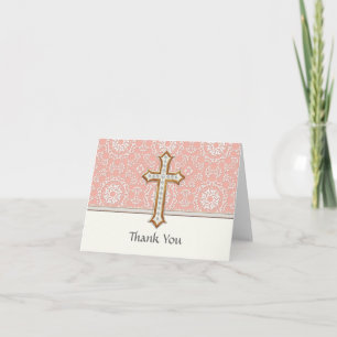 Holy First Communion Gold Golden Cross Lace Girl Letterpress Thank You Card