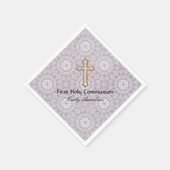Holy First Communion Gold Golden Cross Lace Girl Paper Napkins (Corner)