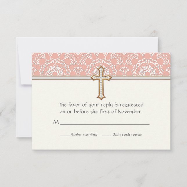 Holy First Communion Gold Golden Cross Lace Girl RSVP Card (Front)