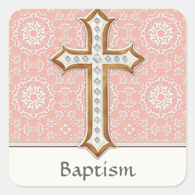 Holy First Communion Gold Golden Cross Lace Girl Square Sticker (Front)