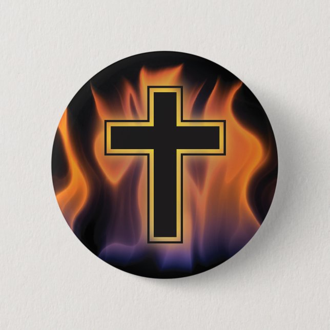 HOLY FLAMING FIRE CROSS! CHRISTIAN SPIRITUAL POWER PINBACK BUTTON (Front)