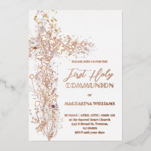 Holy floral cross First Communion white background Foil Invitation