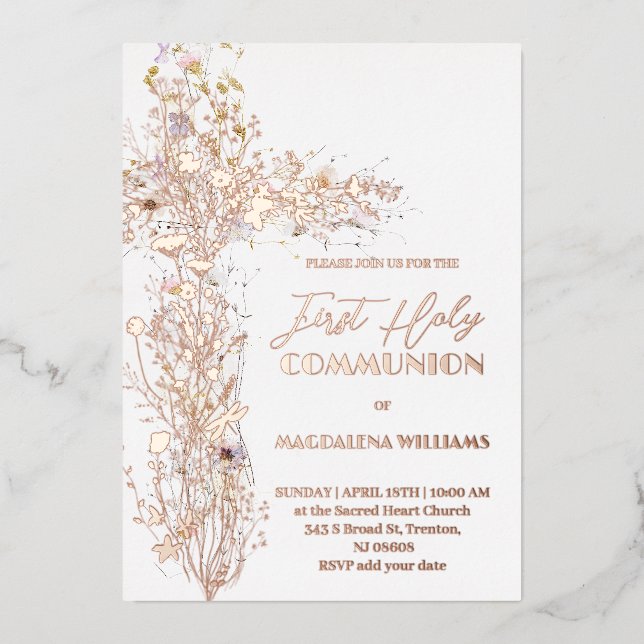 Holy floral cross First Communion white background Foil Invitation (Front)