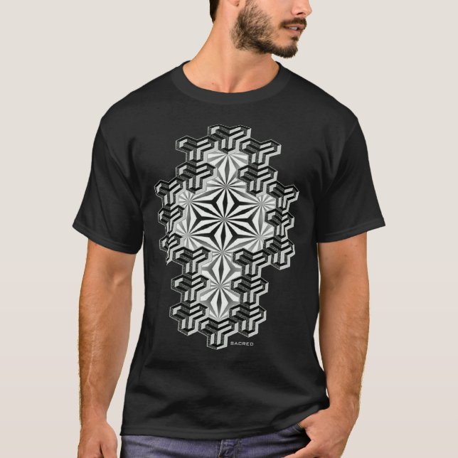 Holy Geometry Hexagon Dotwork Mandala Cluster T-Shirt (Front)
