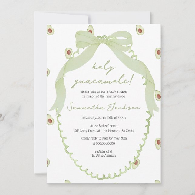 Holy Guacamole Avocado Neutral Bow Baby Shower Invitation (Front)