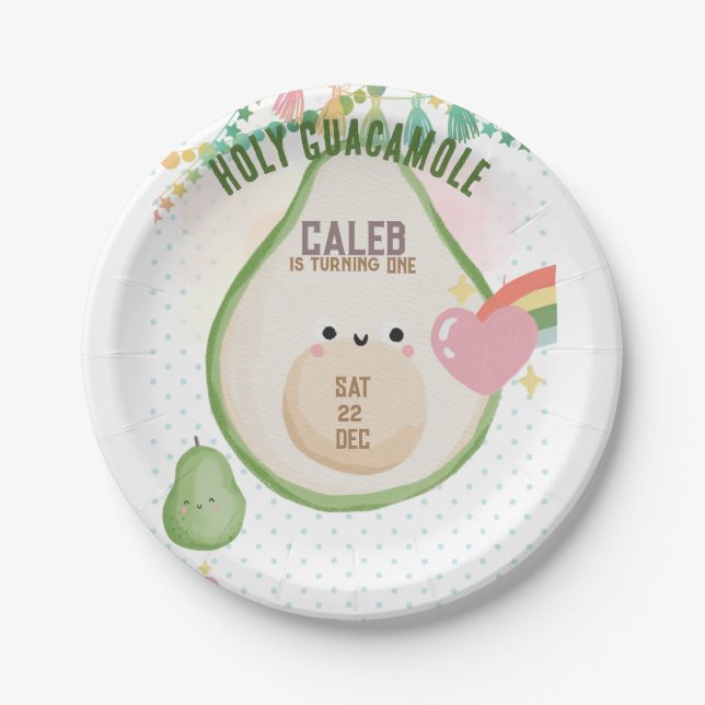 Holy Guacamole Fiesta Avocado 1st Birthday Party Paper Plates (Front)