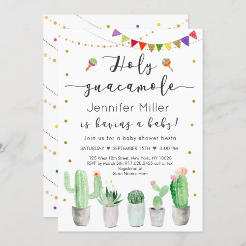 Holy Guacamole Gold Fiesta Cactus Baby Shower Invitation