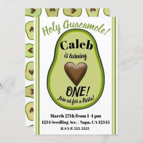 Holy Guacamole Heart Avocado 1st Birthday Party Invitation