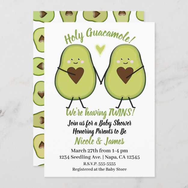 Holy Guacamole Heart Avocado Baby Shower Twins Invitation