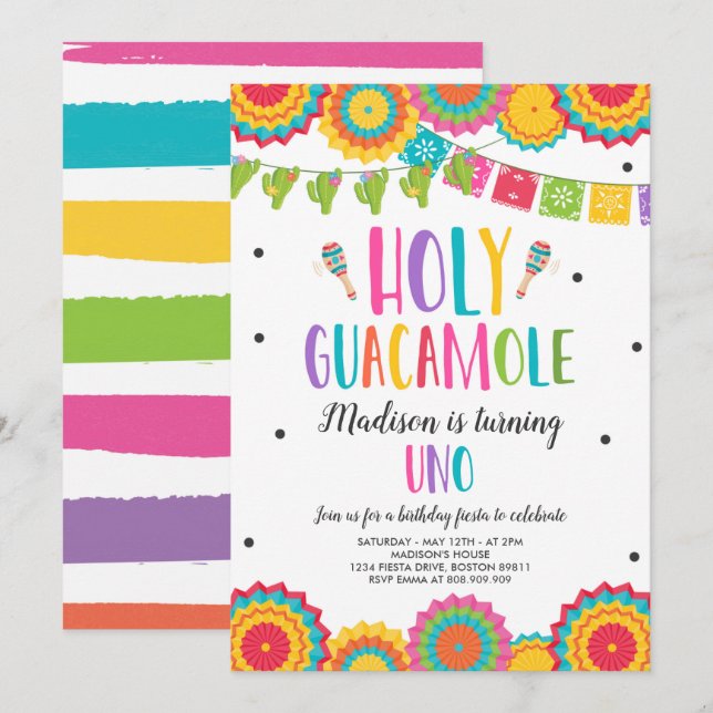 Holy Guacamole Uno 1st Birthday Cactus Fiesta Invitation (Front/Back)