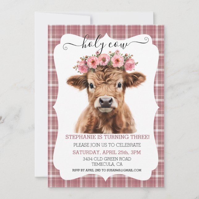 Holy Highland Cow Birthday  Pink  Invitation (Front)