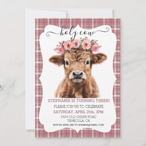 Holy Highland Cow Birthday  Pink  Invitation