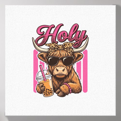 Holy Highland Cow Vintage Boba Tea Shirt Design_1 Canvas Photo Tile