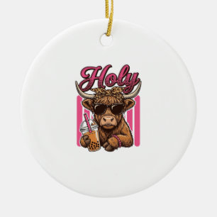 Holy Highland Cow Vintage Boba Tea Shirt Design_1 Ceramic Ornament