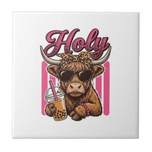 Holy Highland Cow Vintage Boba Tea Shirt Design_1 Ceramic Tile