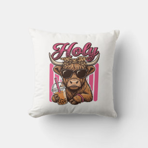 Holy Highland Cow Vintage Boba Tea Shirt Design_1 Throw Pillow