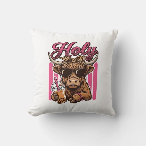 Holy Highland Cow Vintage Boba Tea Shirt Design_1 Throw Pillow