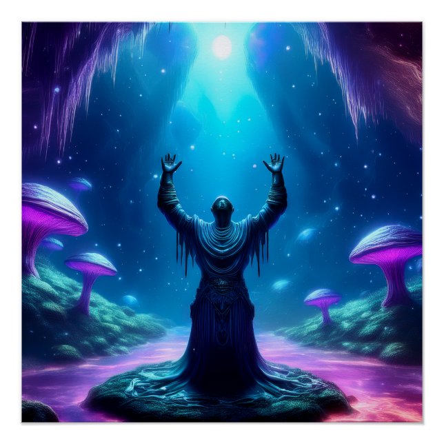 Holy Man In Cave Has Arms Raised Heavenward Poster (Front)
