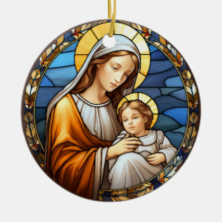 Holy Mary and Baby Jesus Stained Glass Nativity Ceramic Ornament