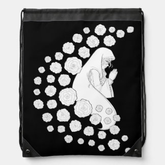 Holy Mary with roses - black and white -  Drawstring Bag