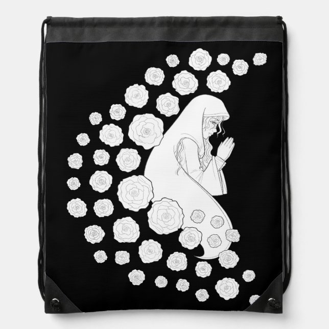 Holy Mary with roses - black and white -  Drawstring Bag (Front)