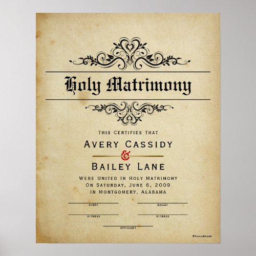 Holy Matrimony Antique Wedding Certificate Poster