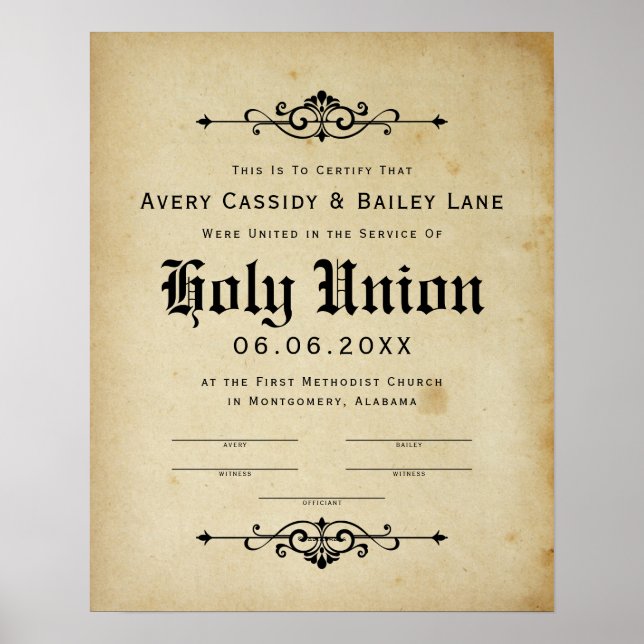 "Holy Matrimony" Antique Wedding Certificate Poster (Front)