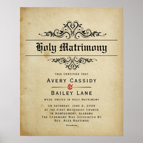 Holy Matrimony Antique Wedding Certificate Poster