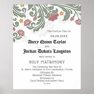 "Holy Matrimony" Floral Scroll Wedding Certificate Poster