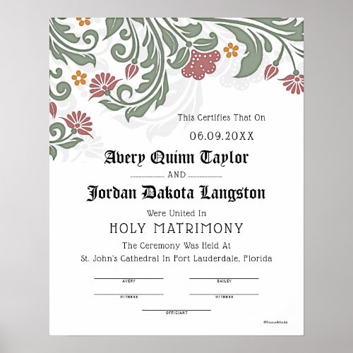 Holy Matrimony Floral Scroll Wedding Certificate Poster