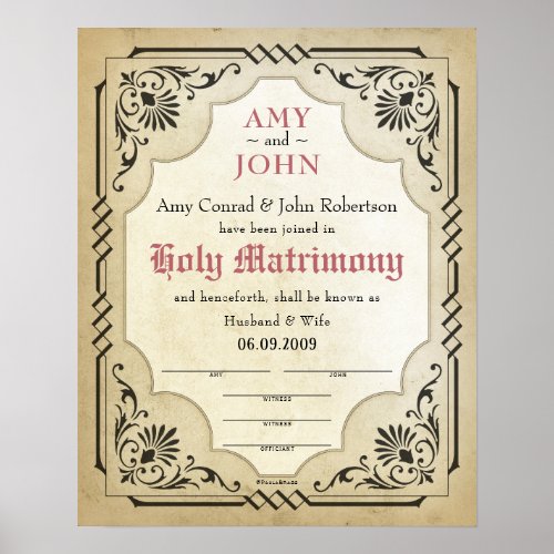 Holy Matrimony Husband Wife Wedding Certificate Poster