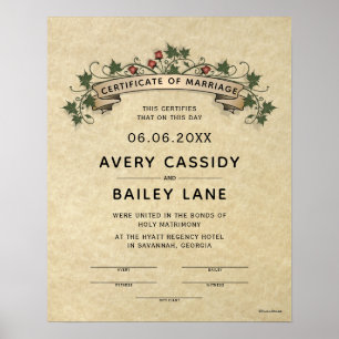 "Holy Matrimony" Traditional Wedding Certificate Poster