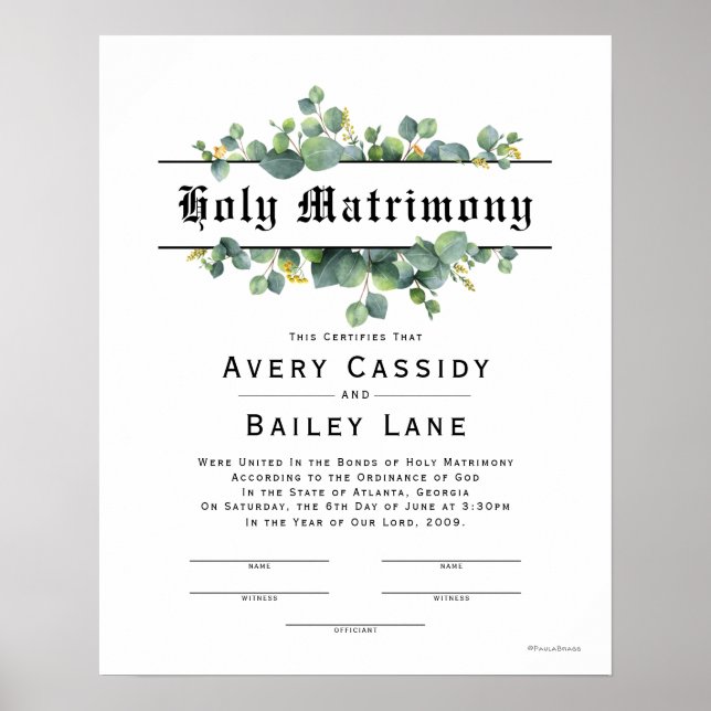 Holy Matrimony ♥ Wedding Certificate Poster (Front)
