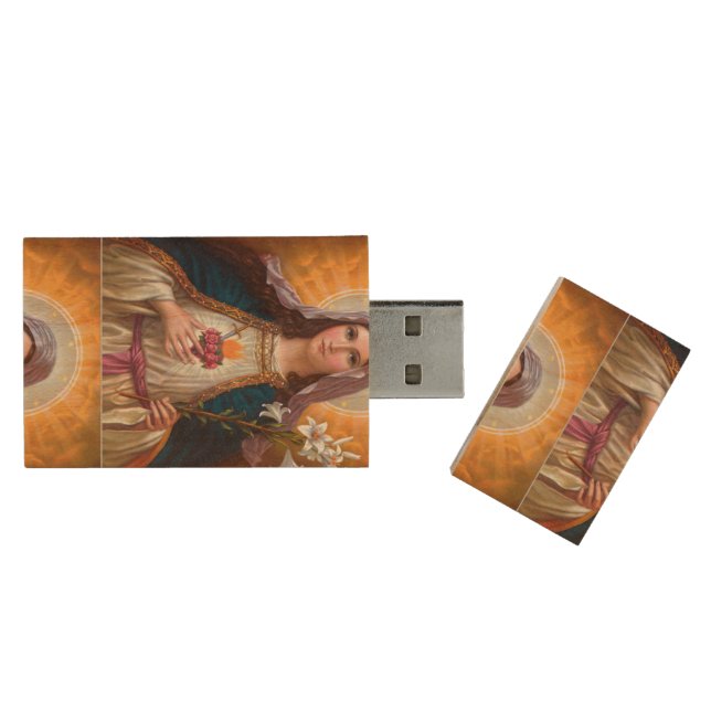 Holy mother Mary Immaculate Heart,Catholic faith, Wood Flash Drive (Opened)